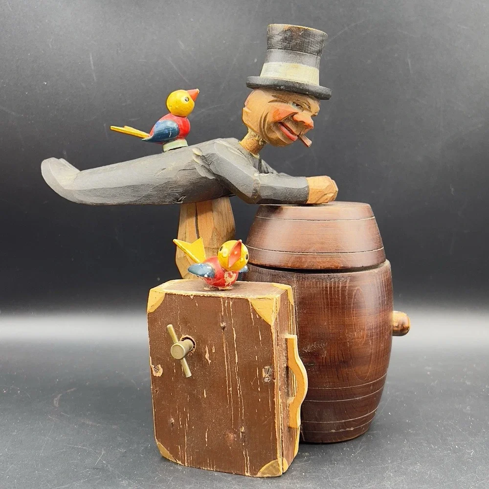 ANRI Carved Wood Drunk Man w Birds & Suitcase Music Box Barrel Cigarette‎ Holder